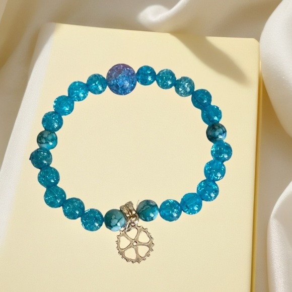 Hand Crafted Jewelry - Hand Crafted Turquoise Blue Beaded Bracelet with Silver Gear Charm